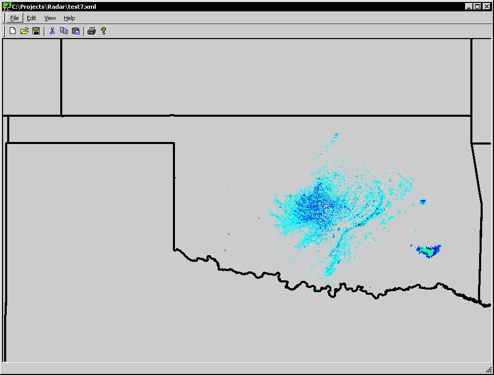 First successful NIDS based display using WXML descritpion file.
Note the colors, line size and state borders were also designated thru WXML.