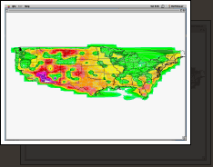 Development of contour display.
Using NWS sites for irregular grid, a triangular mesh was developed (light gray).
Temperatures read from MDF files were used to interpolate values along this mesh resulting in colors plotted.

Note this version is being run on a Macintosh. By implementing Win32 GDI under the MacOS enabled cross-compiled, source level compatibility with no performance hit to the Win32 version and extremely little to none for the Mac version.
