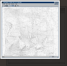 Development of vector display.
Using NWS sites for irregular grid, a triangular mesh was developed (light gray).
Wind strength and directions read from MDF files were used to interpolate values on a regular grid resulting in the vectors plotted.