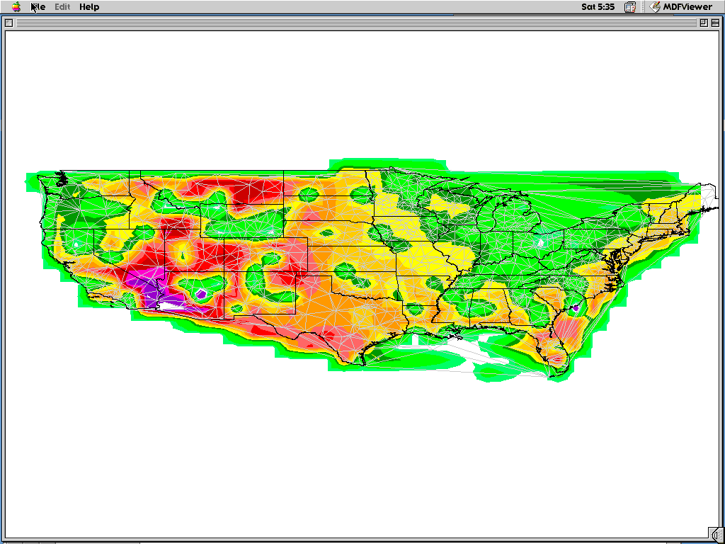 Development of contour display.
Using NWS sites for irregular grid, a triangular mesh was developed (light gray).
Temperatures read from MDF files were used to interpolate values along this mesh resulting in colors plotted.

Note this version is being run on a Macintosh. By implementing Win32 GDI under the MacOS enabled cross-compiled, source level compatibility with no performance hit to the Win32 version and extremely little to none for the Mac version.