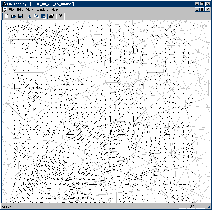 Development of vector display.
Using NWS sites for irregular grid, a triangular mesh was developed (light gray).
Wind strength and directions read from MDF files were used to interpolate values on a regular grid resulting in the vectors plotted.