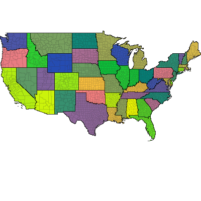 A Win32 COM object was developed to generate national maps. The output could scale smoothly to any size. Each county could be assigned a unique color to indicate weather warnings. Here each county is given a unique color according to its FIPS code.