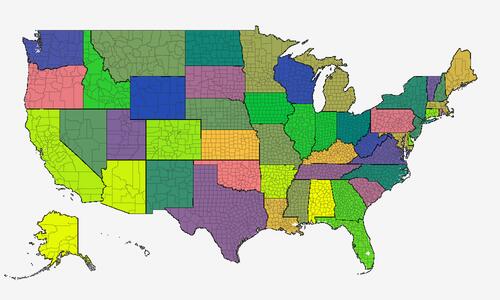 A Win32 COM object was developed to generate national maps. The output could scale smoothly to any size. Each county could be assigned a unique color to indicate weather warnings. Here each county is given a unique color according to its FIPS code.