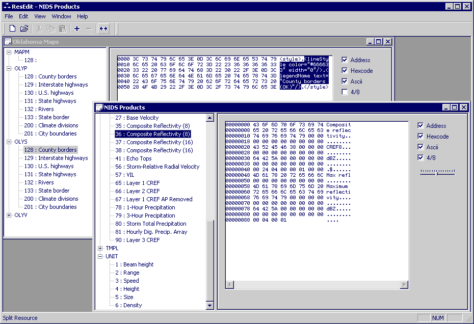 OCS resources are stored within Macintosh resource files. On a Macintosh any file can have resources, which are stored in a file's resource 'fork'. A file's data fork separate from it's resource fork. A Mac based tool from Apple called Resedit is used to view and edit these forks. On other filesystems, the resource fork is not directly supported. Usually the resource fork is just written as a separate file and treated as a standard data file.

This application was written to open and view the contents of these resources on Windows machines, thus alleviating the need for MacOS only tools for editing, viewing and verifying Mac resources, and hence OCS resources.