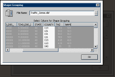 The "Traffic_Zones.SHP" file is being imported into the resource. These shapes will be grouped by the "County" field defined in the accompanying DBF data description file ("Traffic_Zones.SHP.DBF").