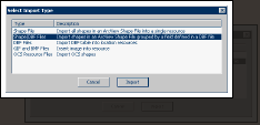 The Import Dialog.
Shows all choices for import :
Shape File
Shape/DBF Files
GIF and BMP Files
OCS Resource Files.