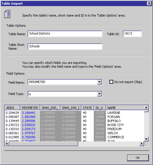 Tabular data in a DBF file describing school districts is imported.
Custom control developed to handle multiple column selection and unit types.
Designed to mimic MS Excel importation wizard.