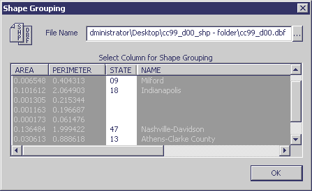 The Shape file has already been choosen.
The column selected determines shapes will be grouping.
iAll shapes with the same column value are combined into single shapes.